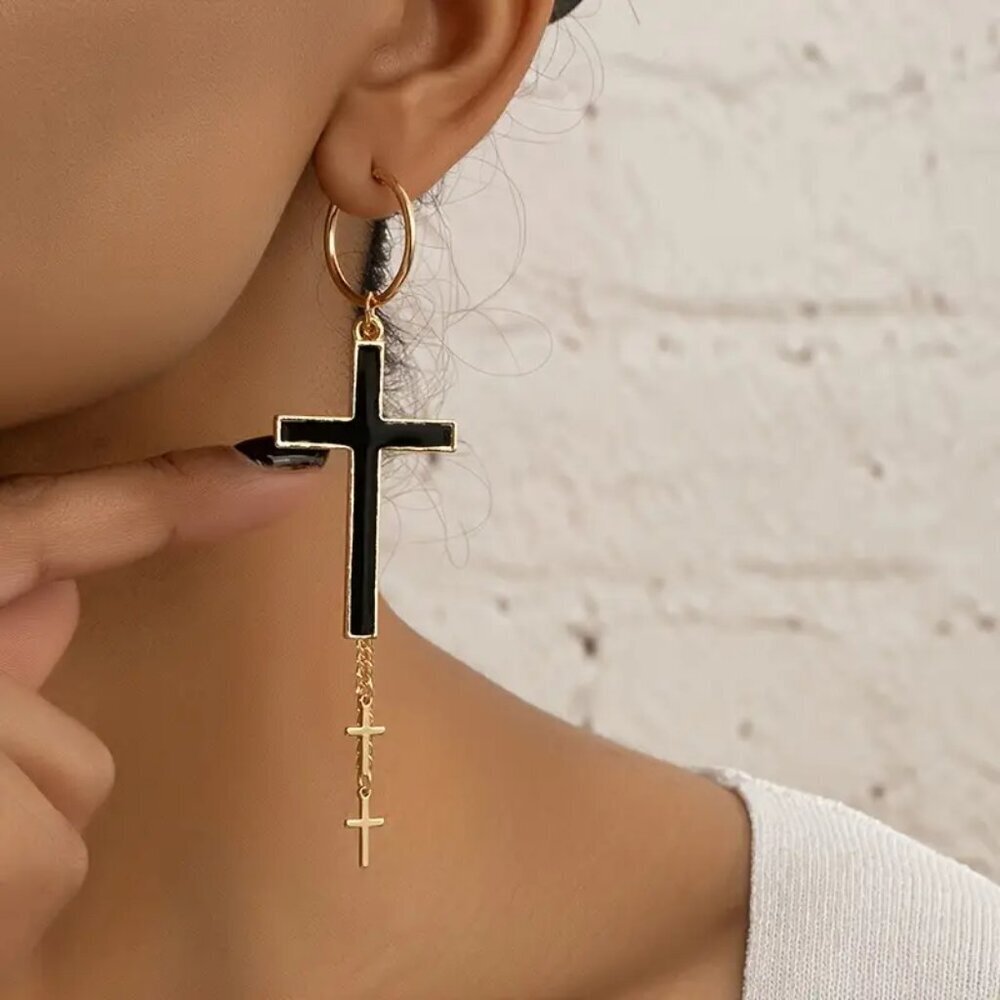 NEW Gold dangle cross earrings, black cross jewelry, trendy gold jewelry